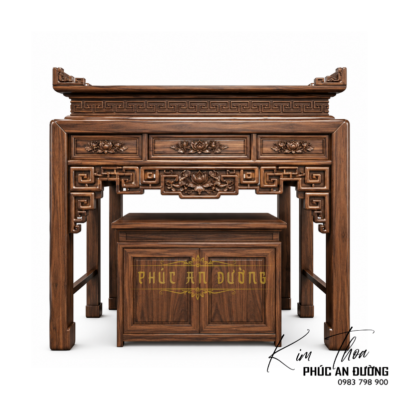 Mẫu bàn thờ đứng BTD-28 thiết kế sang trọng với hoa sen dát màu nổi bật, phù hợp chung cư, nhà phố và phòng thờ nhỏ. Thiết kế hài hòa giữa truyền thống và hiện đại, sản xuất theo yêu cầu tại Phúc An Đường.