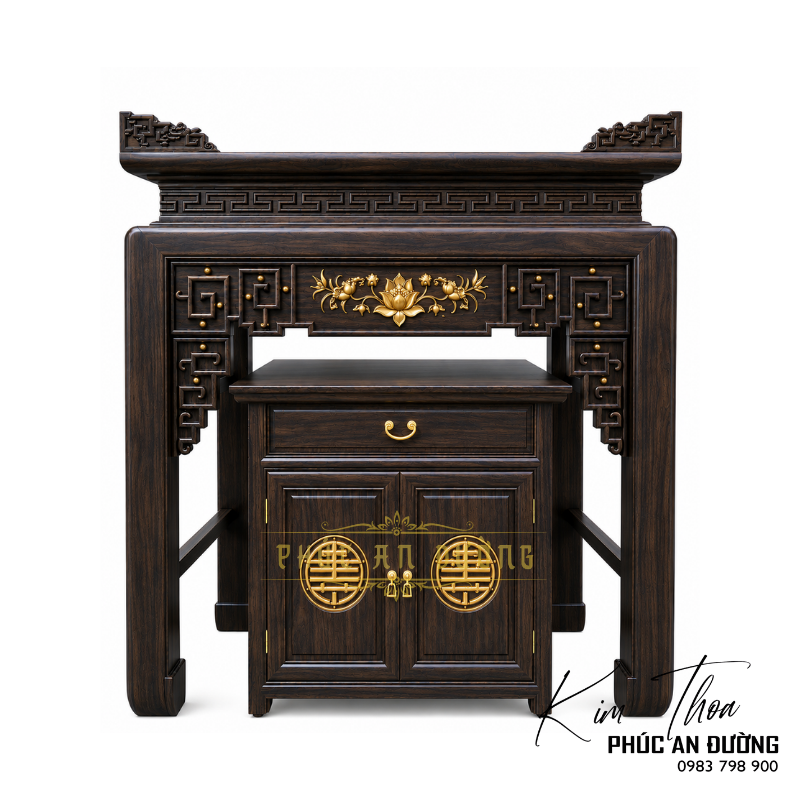 Mẫu bàn thờ đứng 1m27 thiết kế trang nghiêm, phù hợp chung cư, nhà phố và phòng thờ nhỏ. Kiểu dáng hiện đại kết hợp họa tiết truyền thống, tối ưu không gian thờ cúng.