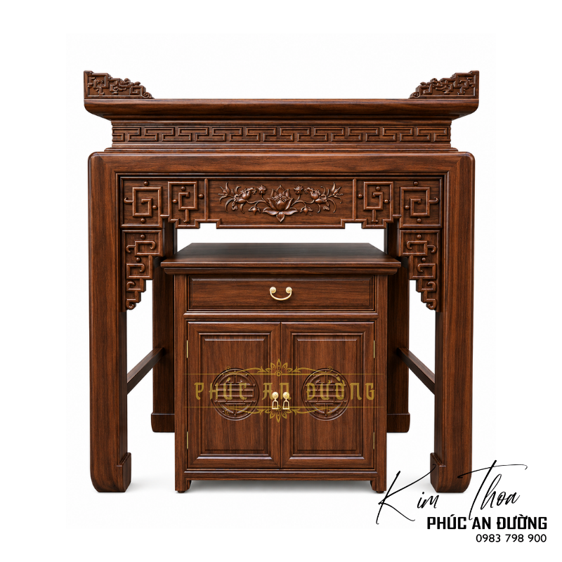 Mẫu bàn thờ đứng 1m27 thiết kế trang nghiêm, phù hợp chung cư, nhà phố và phòng thờ nhỏ. Kiểu dáng hiện đại kết hợp họa tiết truyền thống, tối ưu không gian thờ cúng.