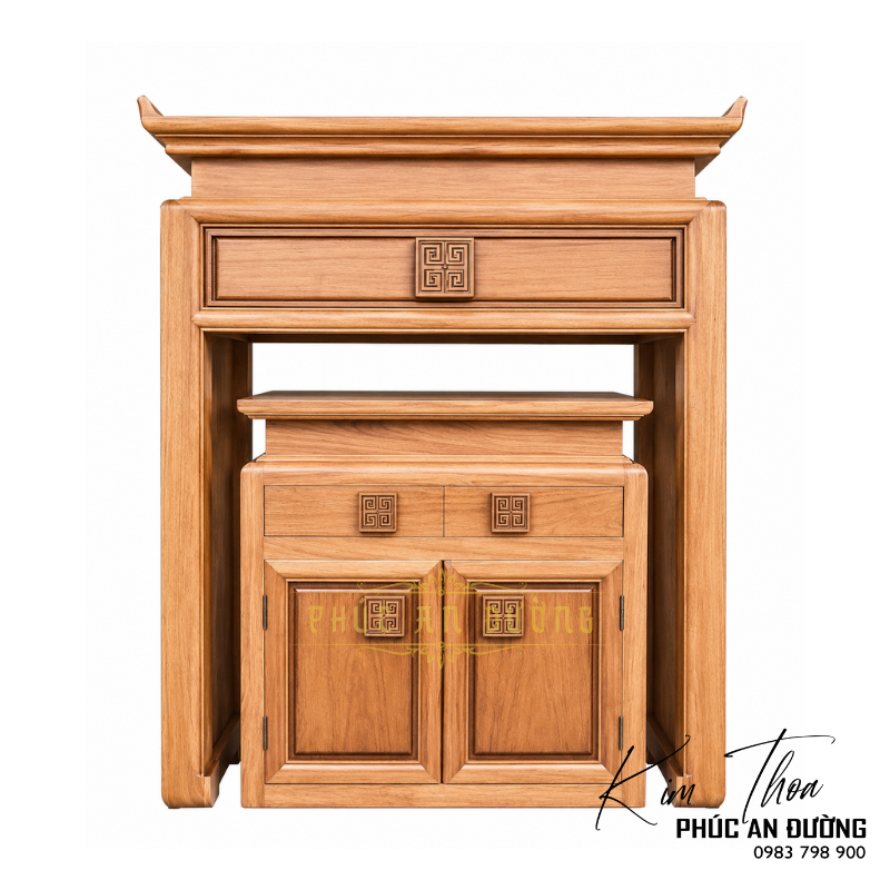 Khám phá mẫu bàn thờ chung cư BTD-29 kích thước 1m07 với thiết kế hiện đại, đường nét vuông vắn, họa tiết hồi văn tinh tế, phù hợp căn hộ chung cư và nhà phố. Phúc An Đường nhận thiết kế, sản xuất theo yêu cầu.
