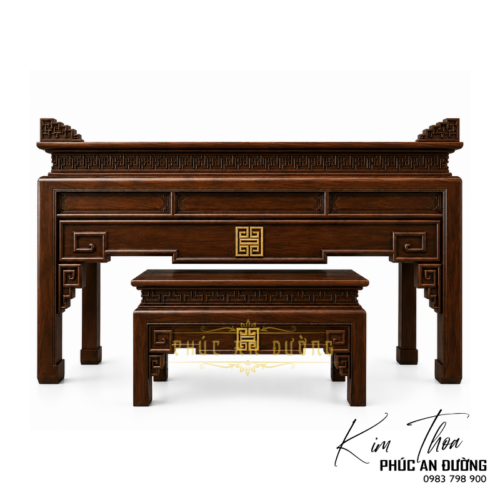 Bàn thờ hiện đại gỗ Gõ Đỏ BTD-45 kích thước 1m97 với thiết kế tối giản, hoa văn triện đồng bộ, đường nét khỏe khoắn và bàn cơm đi kèm. Phù hợp cho phòng thờ gia tiên, nhà phố và biệt thự.