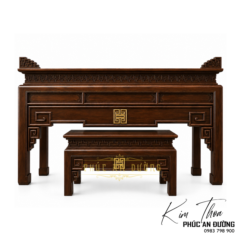 Bàn thờ hiện đại gỗ Gõ Đỏ BTD-45 kích thước 1m97 với thiết kế tối giản, hoa văn triện đồng bộ, đường nét khỏe khoắn và bàn cơm đi kèm. Phù hợp cho phòng thờ gia tiên, nhà phố và biệt thự.
