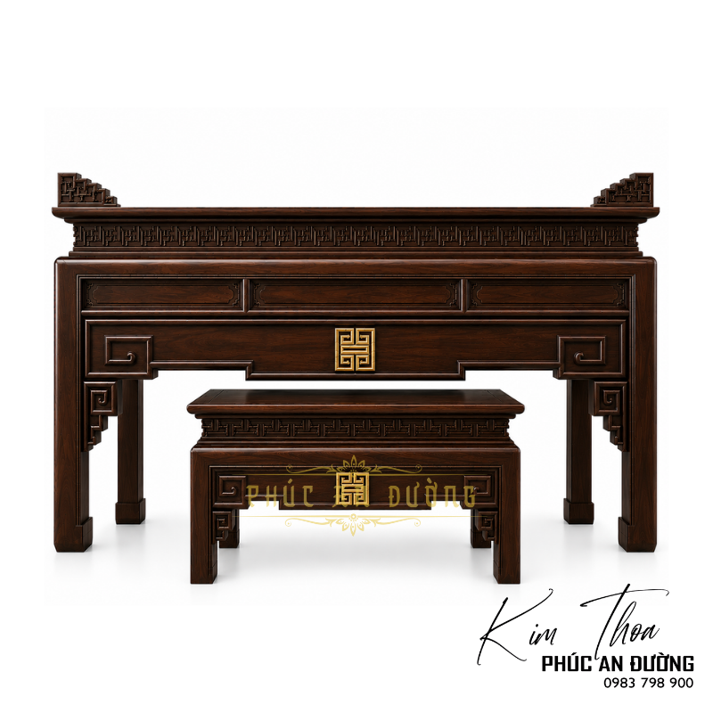 Bàn thờ hiện đại gỗ Gõ Đỏ BTD-45 kích thước 1m97 với thiết kế tối giản, hoa văn triện đồng bộ, đường nét khỏe khoắn và bàn cơm đi kèm. Phù hợp cho phòng thờ gia tiên, nhà phố và biệt thự.