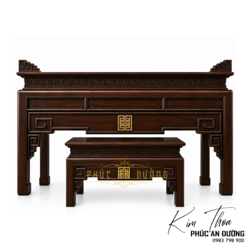 Bàn thờ đứng hiện đại gỗ Gụ BTD-44 kích thước 1m97 với thiết kế tối giản, họa tiết triện đồng bộ và bàn cơm đi kèm. Phù hợp cho phòng thờ gia tiên, nhà phố và biệt thự.