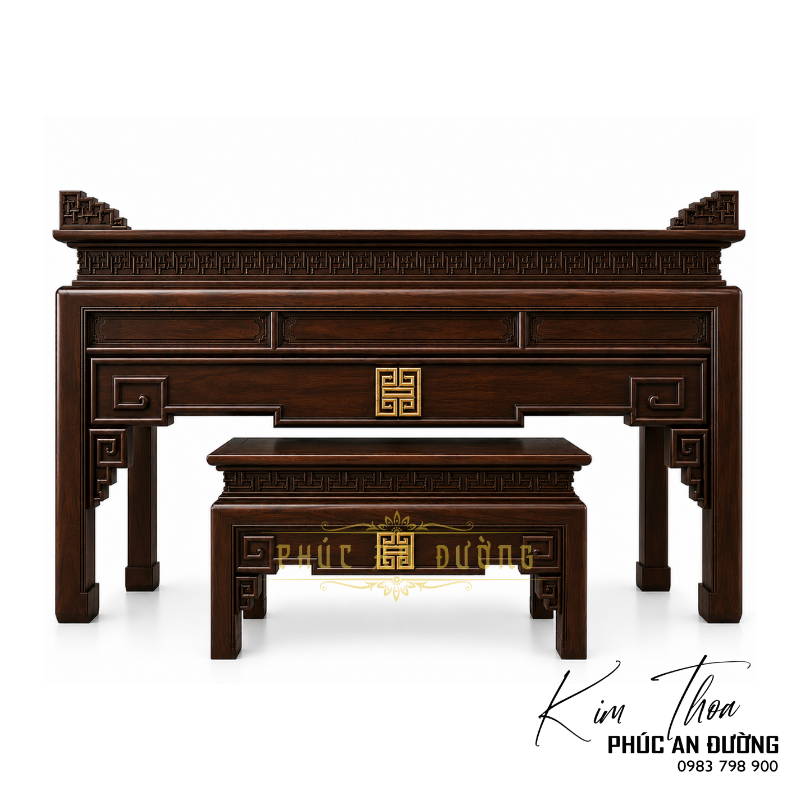 Bàn thờ đứng hiện đại gỗ Gụ BTD-44 kích thước 1m97 với thiết kế tối giản, họa tiết triện đồng bộ và bàn cơm đi kèm. Phù hợp cho phòng thờ gia tiên, nhà phố và biệt thự.