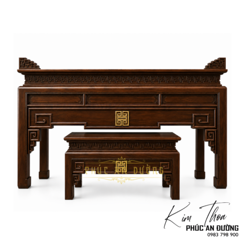 Bàn thờ đứng hiện đại gỗ Gụ BTD-44 kích thước 1m97 với thiết kế tối giản, họa tiết triện đồng bộ và bàn cơm đi kèm. Phù hợp cho phòng thờ gia tiên, nhà phố và biệt thự.