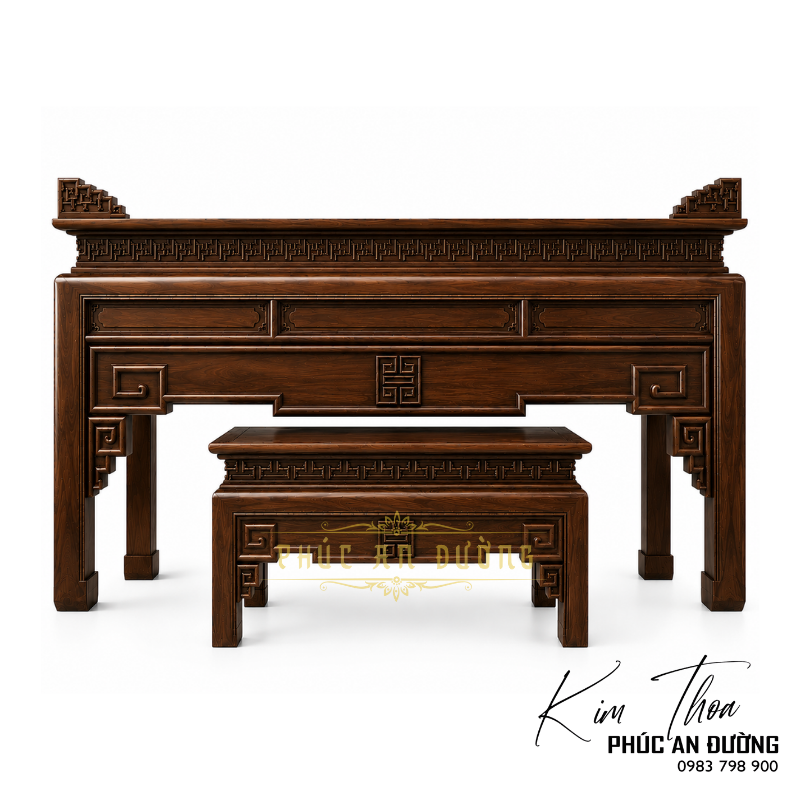 Bàn thờ đứng hiện đại gỗ Gụ BTD-44 kích thước 1m97 với thiết kế tối giản, họa tiết triện đồng bộ và bàn cơm đi kèm. Phù hợp cho phòng thờ gia tiên, nhà phố và biệt thự.