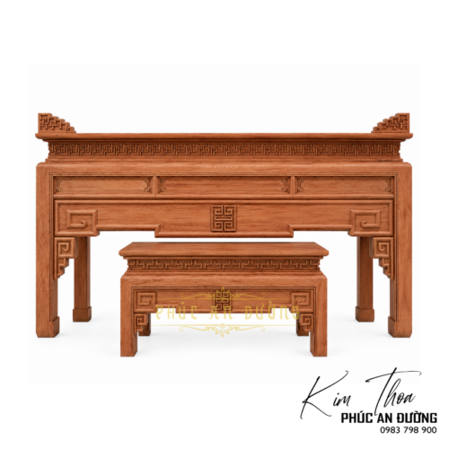 Bàn thờ đứng hiện đại gỗ Gụ BTD-44 kích thước 1m97 với thiết kế tối giản, họa tiết triện đồng bộ và bàn cơm đi kèm. Phù hợp cho phòng thờ gia tiên, nhà phố và biệt thự.