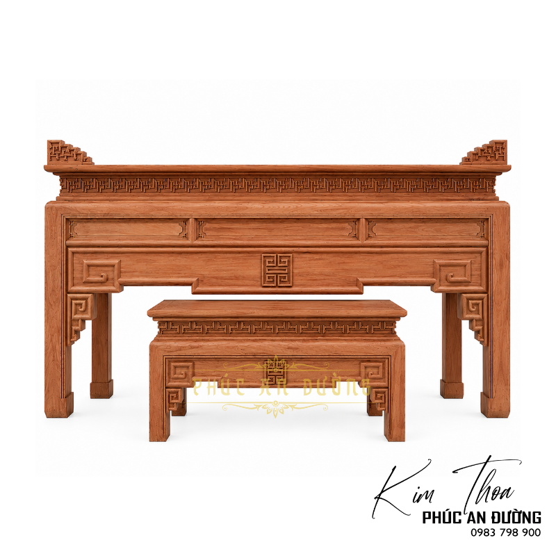 Bàn thờ đứng hiện đại gỗ Gụ BTD-44 kích thước 1m97 với thiết kế tối giản, họa tiết triện đồng bộ và bàn cơm đi kèm. Phù hợp cho phòng thờ gia tiên, nhà phố và biệt thự.