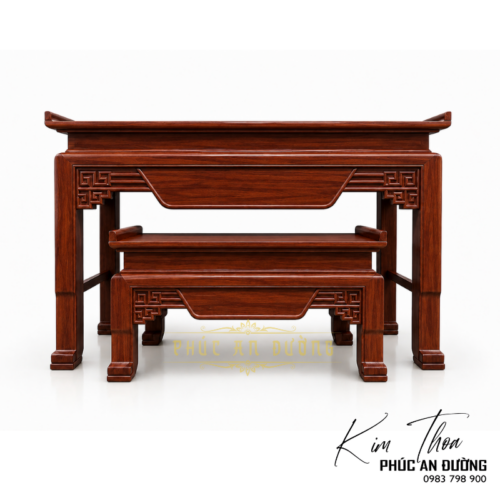 Bàn thờ đứng hiện đại gỗ Gụ BTD-07 kích thước 1m75 với thiết kế tối giản, họa tiết triện tinh tế và bàn cơm đồng bộ. Phù hợp cho phòng thờ gia tiên, nhà phố và biệt thự.