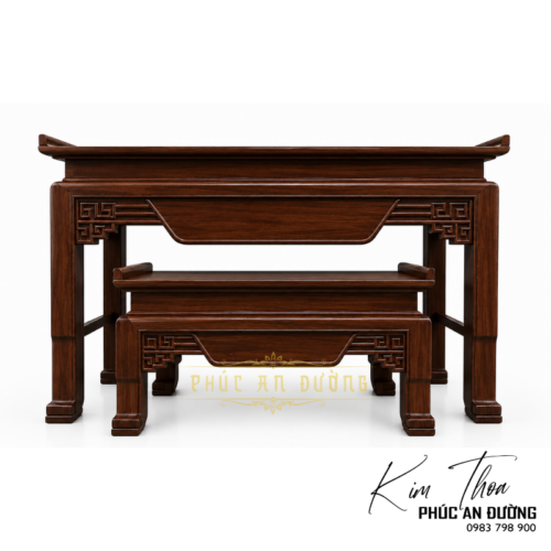 Bàn thờ đứng hiện đại gỗ Gụ BTD-07 kích thước 1m75 với thiết kế tối giản, họa tiết triện tinh tế và bàn cơm đồng bộ. Phù hợp cho phòng thờ gia tiên, nhà phố và biệt thự.