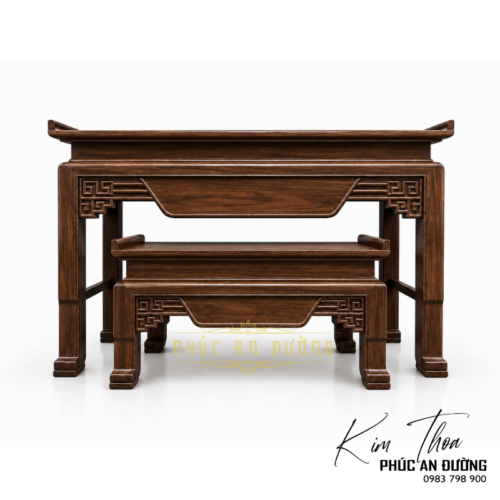 Bàn thờ đứng hiện đại gỗ Gụ BTD-07 kích thước 1m75 với thiết kế tối giản, họa tiết triện tinh tế và bàn cơm đồng bộ. Phù hợp cho phòng thờ gia tiên, nhà phố và biệt thự.