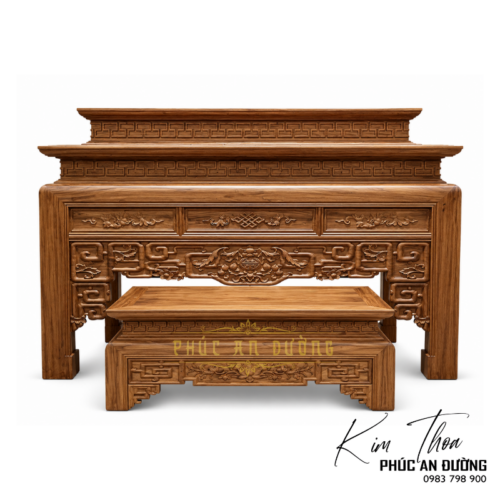 Bàn thờ đứng hiện đại nhị cấp BTD-51 với thiết kế hai cấp cân đối, hoa văn triện và chi tiết chạm khắc tinh tế. Phù hợp cho phòng thờ gia tiên, nhà phố, biệt thự và không gian thờ hiện đại.