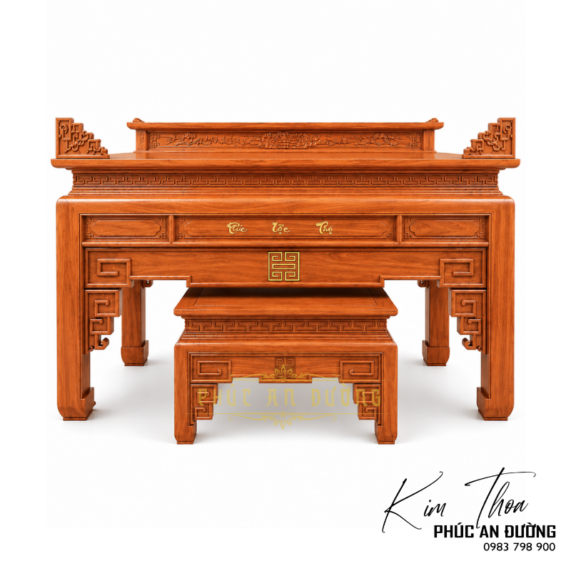 Bàn thờ đứng hiện đại nhị cấp Phúc Lộc Thọ 1m97 BTD-40 nổi bật với thiết kế cân đối, họa tiết Phúc Lộc Thọ tinh tế, phù hợp phòng thờ gia tiên, biệt thự và nhà phố.
