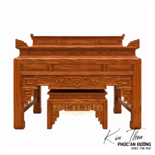 Bàn thờ nhị cấp hiện đại triện hoa sen BTD-43 kích thước 1m75 với thiết kế hai cấp, hoa văn triện và họa tiết hoa sen chạm khắc tinh tế. Phù hợp cho phòng thờ gia tiên, nhà phố và biệt thự.