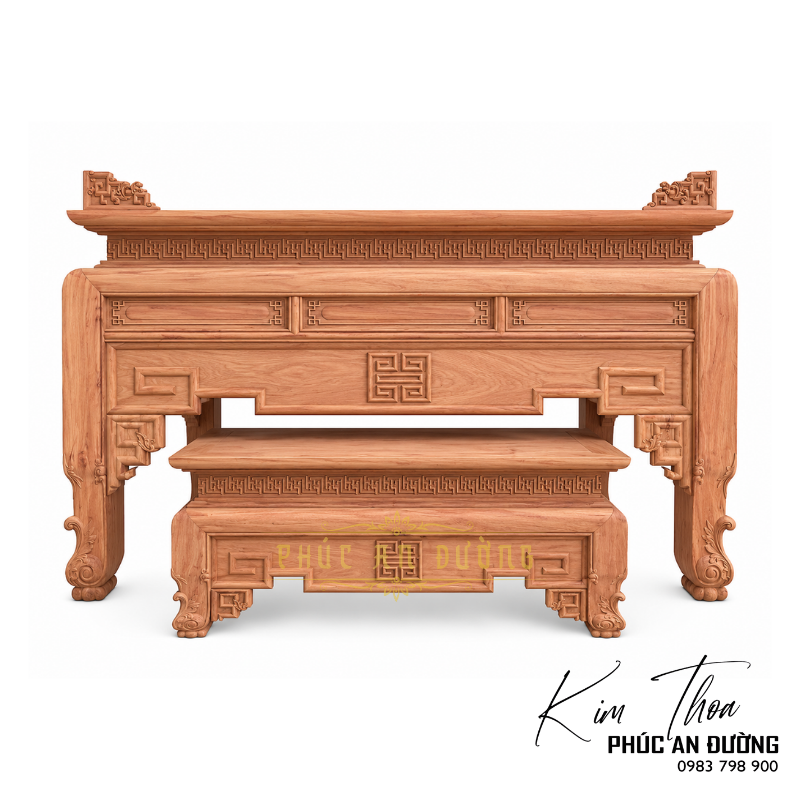 Bàn thờ đứng hiện đại triện Thọ BTD-49 nổi bật với đường nét tinh gọn, họa tiết triện và chữ Thọ đồng bộ, phù hợp phòng thờ gia tiên, nhà phố, biệt thự.