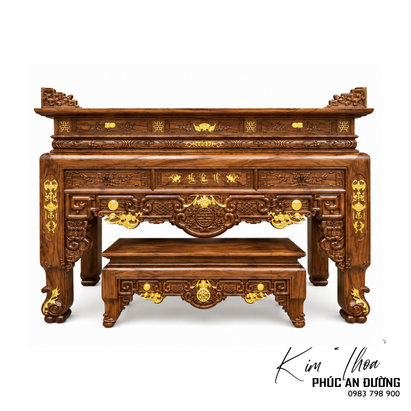 Bàn thờ đứng Ngũ Phúc Kim Tiền BTD-35 với thiết kế truyền thống, họa tiết Ngũ Phúc, Kim Tiền, hoa văn triện và các chi tiết trang trí tinh xảo. Phù hợp cho phòng thờ gia tiên, nhà phố, biệt thự và từ đường.