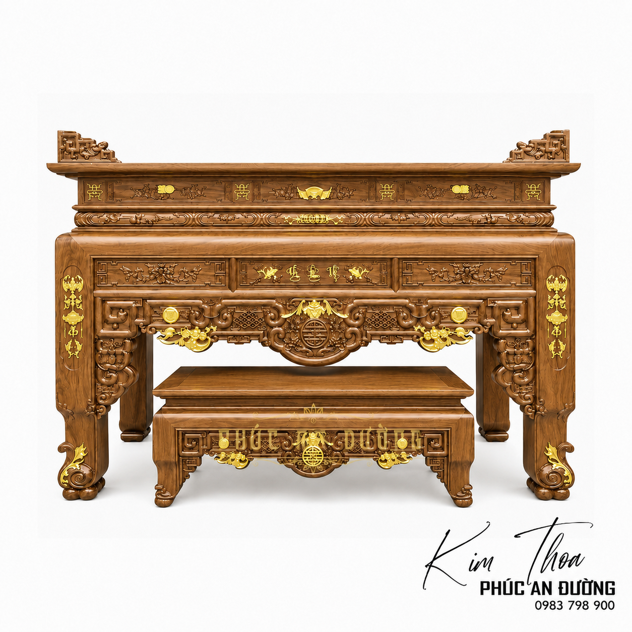Bàn thờ Ngũ Phúc Kim Tiền gỗ Gụ kích thước 1m97 BTD-37 nổi bật với thiết kế truyền thống, hoa văn chạm khắc tinh xảo, phù hợp phòng thờ gia tiên, biệt thự và nhà thờ họ.