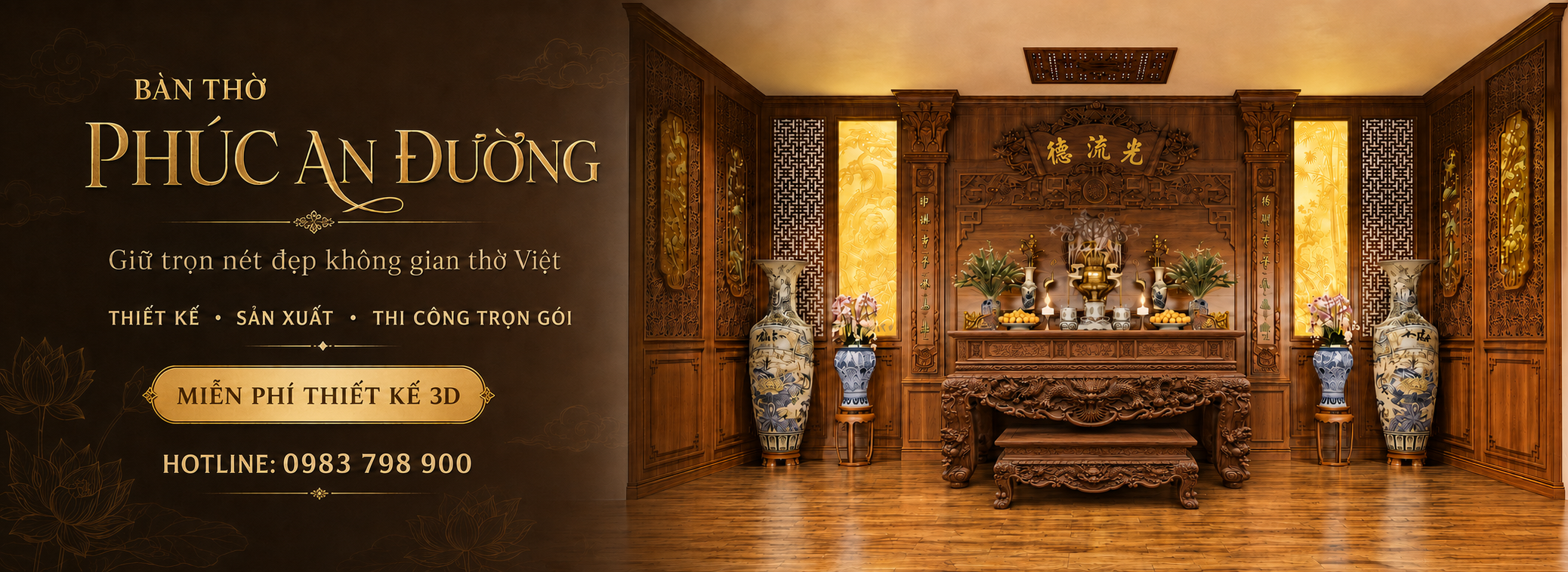Banner bàn thờ Phúc An Đường thiết kế và thi công phòng thờ trọn gói