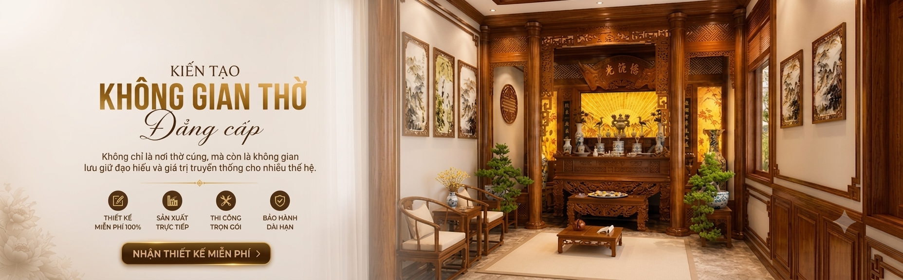 Banner Phúc An Đường giới thiệu thiết kế phòng khách kết hợp phòng thờ hiện đại với bàn thờ gỗ tự nhiên cao cấp, thi công trọn gói, chuẩn phong thủy, miễn phí thiết kế 3D.
